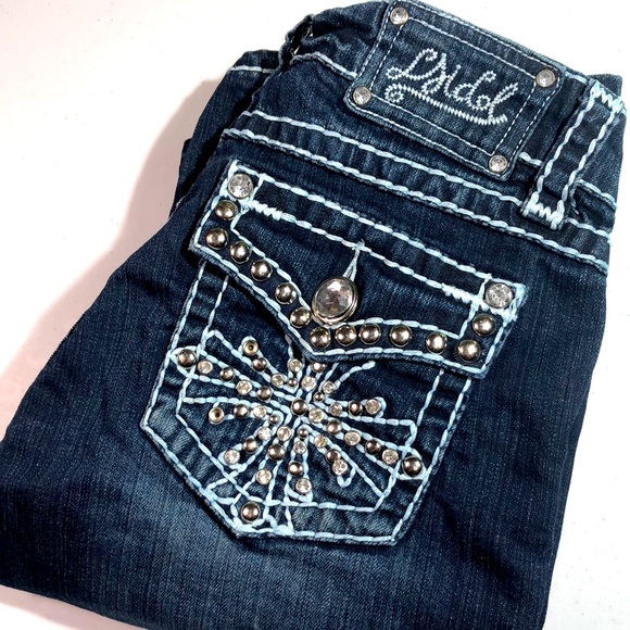 L.A. IDOL PREMIUM BOOTCUT JEANS 5/26x33 CRYSTAL & STEEL STUDS DENIM PATCH 😎